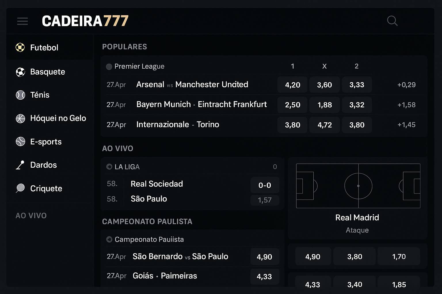 Aposte em apostas esportivas no cassino online CADEIRA777